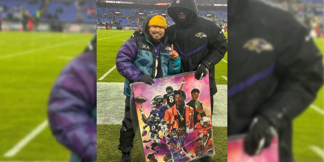 Ravens Fan Gifts Lamar Jackson Unreal Painting at Game